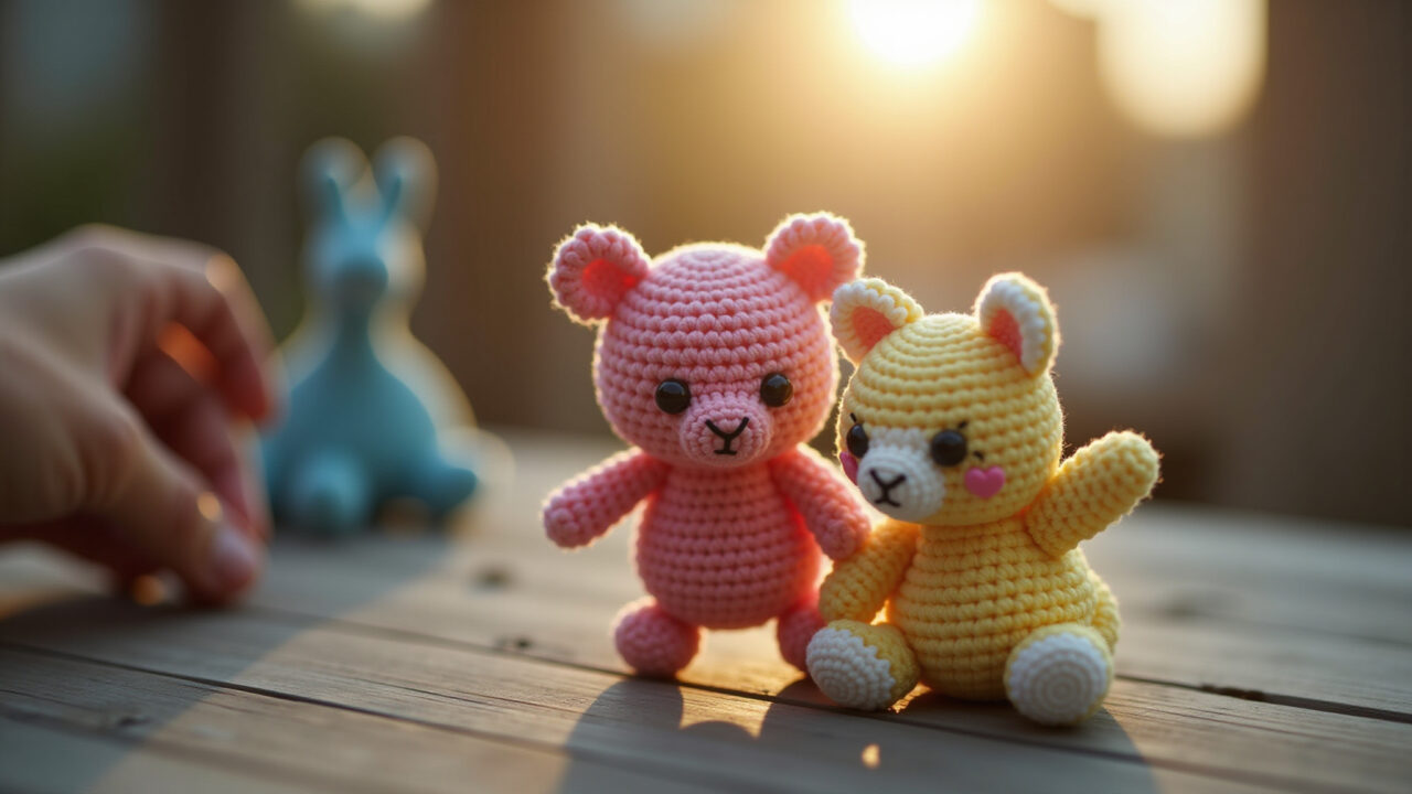 Hand gently pulling amigurumi eye to test security, soft focus, natural light, 8K, sharp focus, Testando a fixação dos olhos de amigurumi.