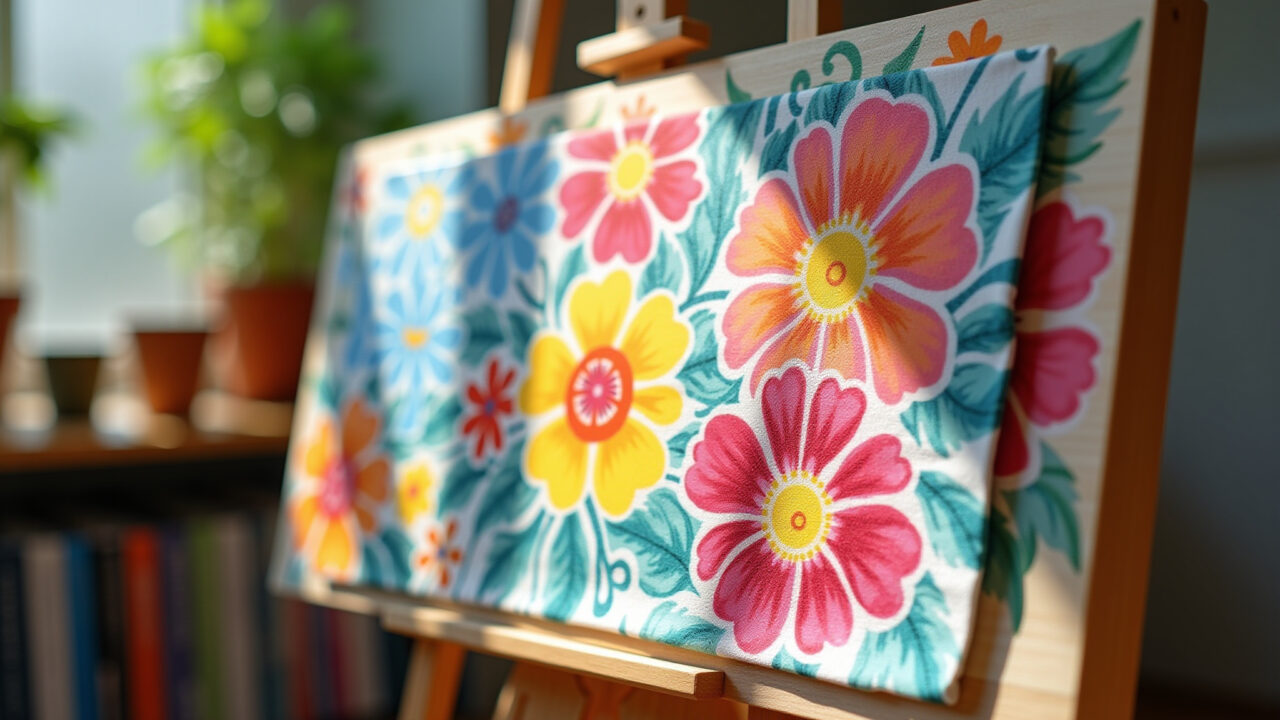 Tecido pintado à mão com desenhos florais vibrantes.