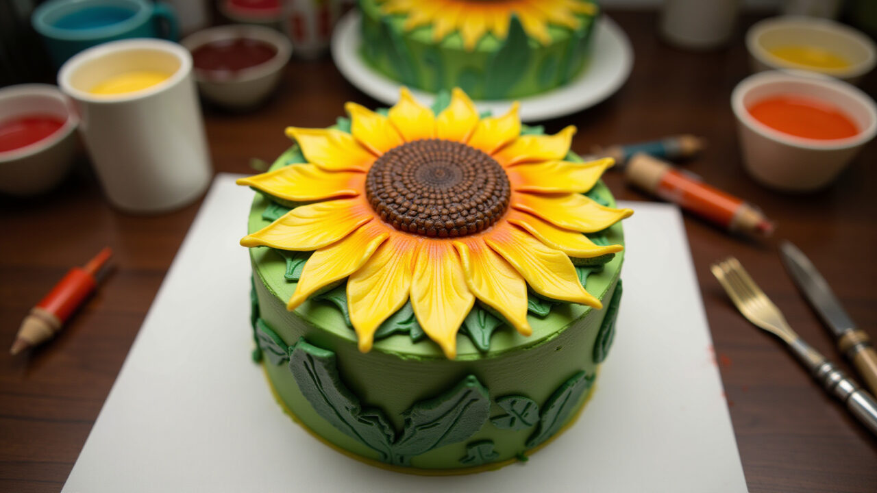 Hand-painted sunflower cake, food coloring art, professional photography, 8K quality, sharp focus, Bolo girassol com pintura à mão livre.