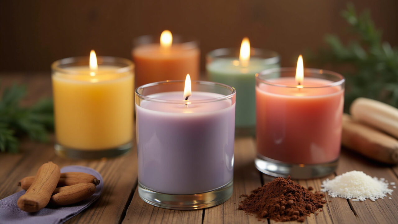 Velas artesanais coloridas e perfumadas em mesa de madeira.