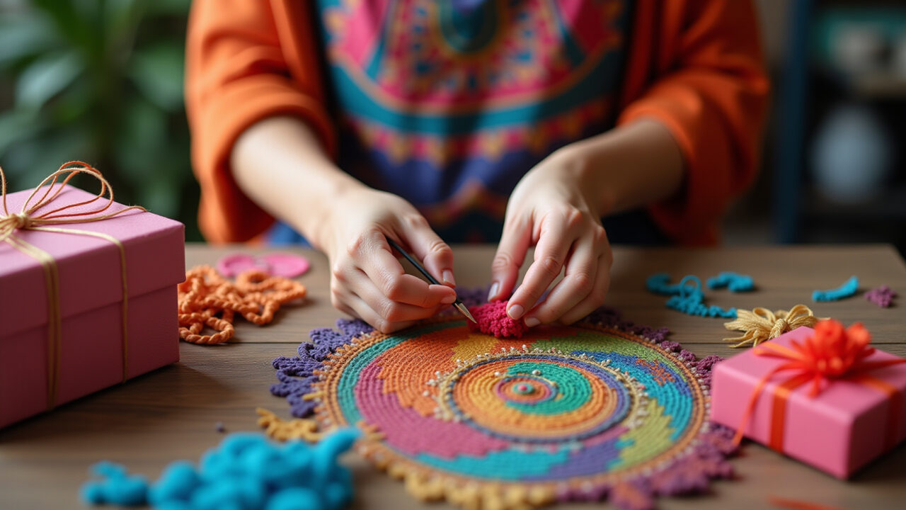 Artesã criando presentes personalizados.