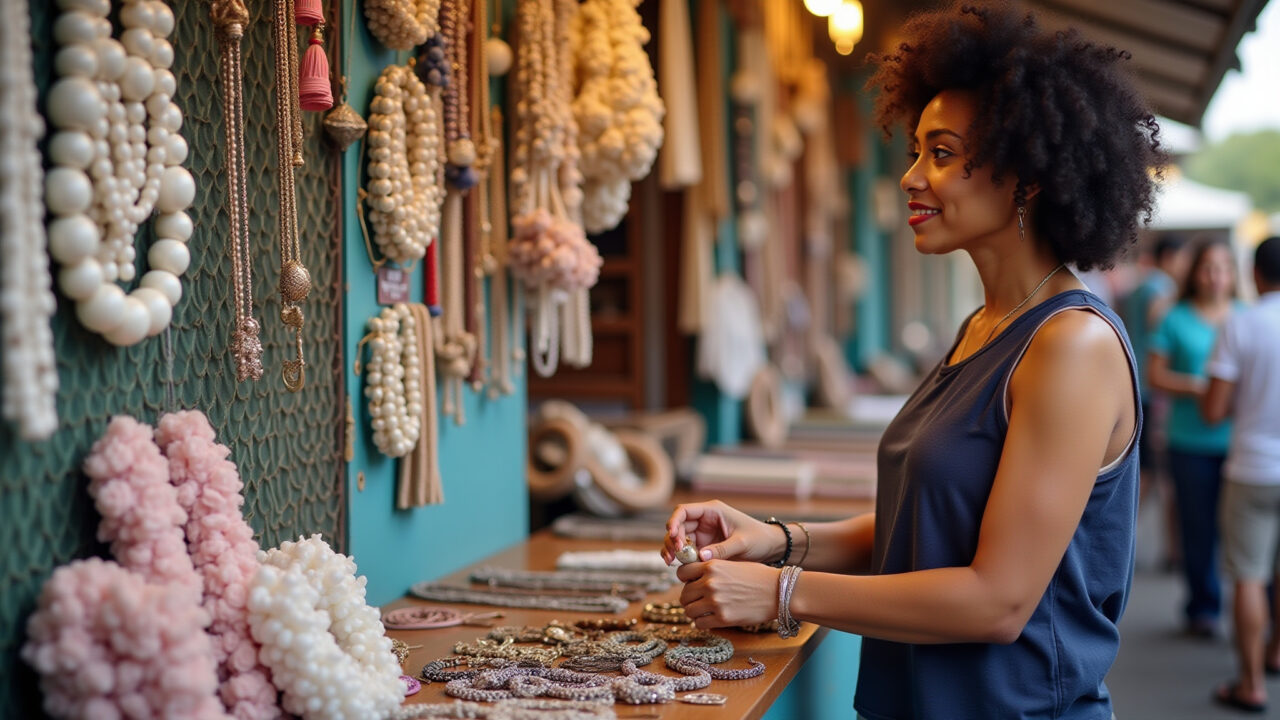 Artesã vendendo joias artesanais em feira.