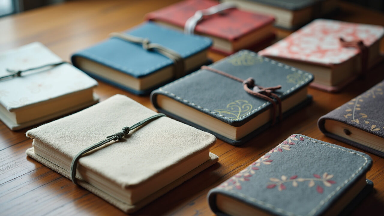 Cadernos e agendas artesanais com capas de tecido.