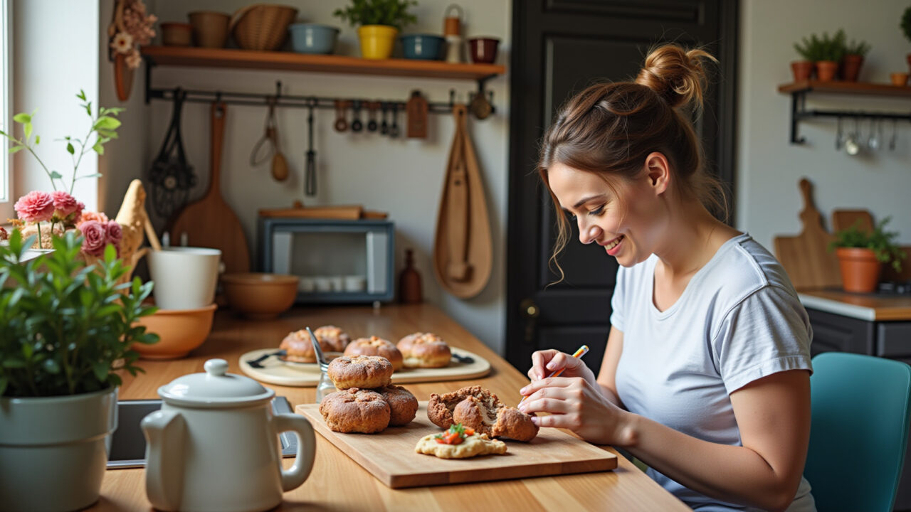 Cozinha decorada com artesanato feito à mão.
