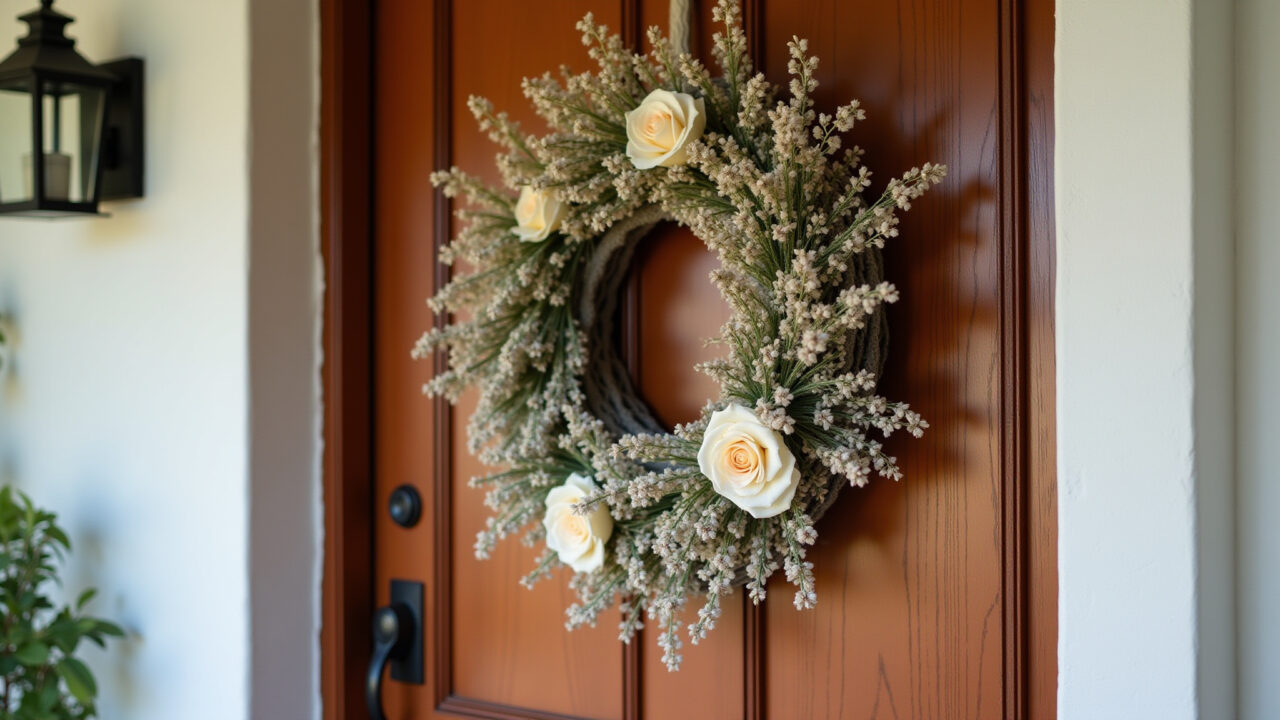 Guirlanda de macramê com flores secas na porta de entrada.