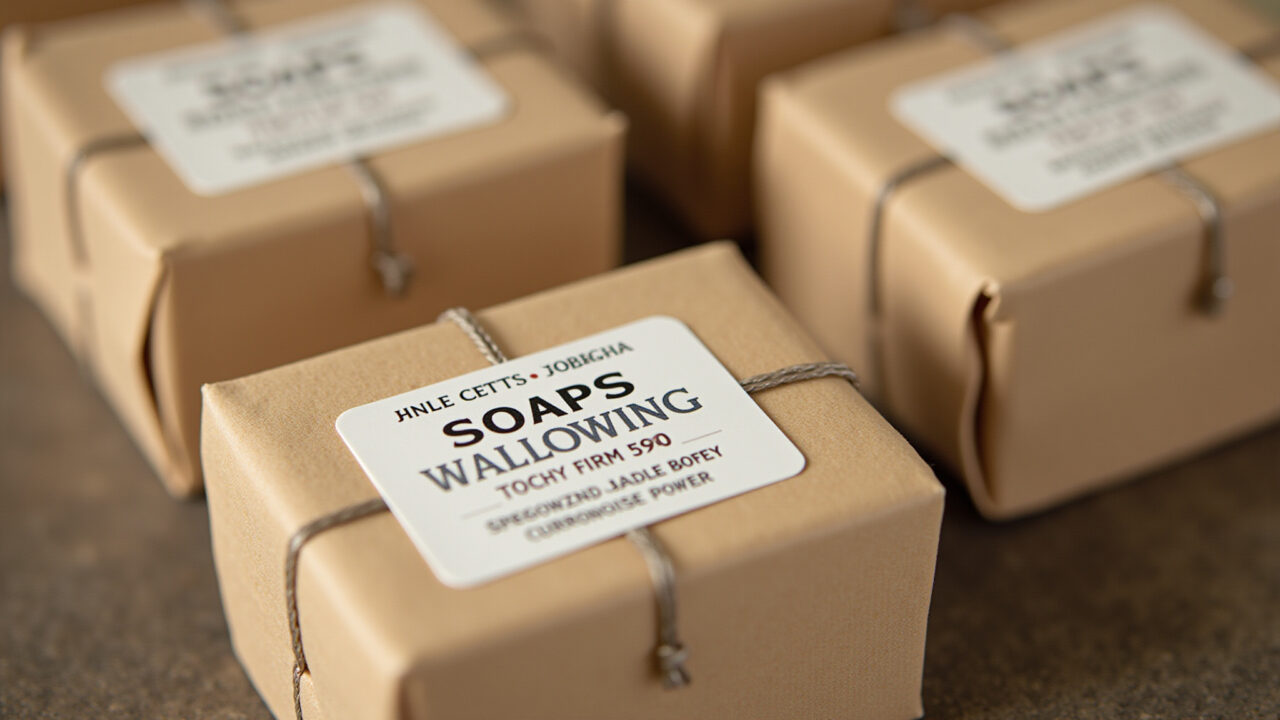 Sabonete artesanal embalado em papel kraft com etiqueta personalizada.