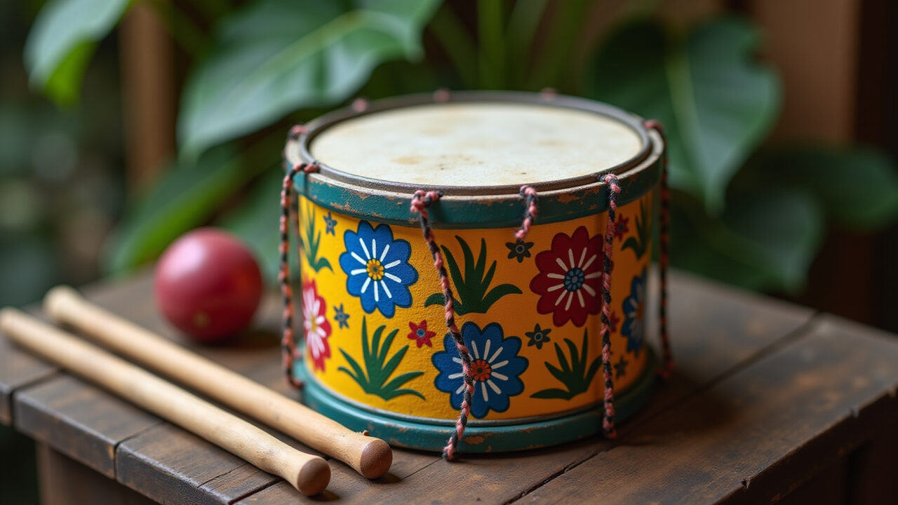 Tambor de lata decorado com padrões brasileiros coloridos.