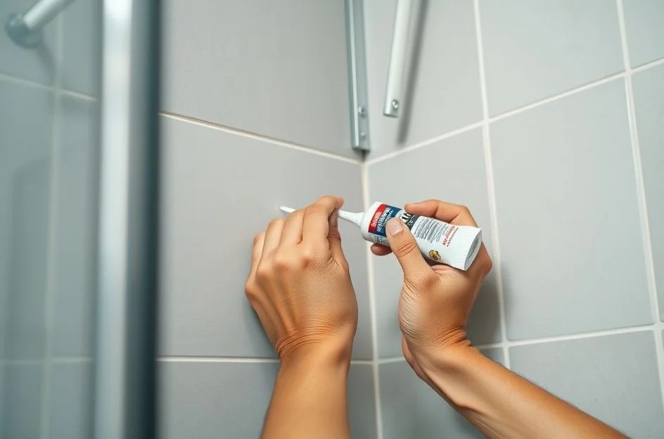 Mãos aplicando silicone em box de chuveiro para vedação em banheiro.