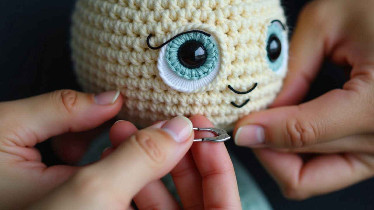 Hands attaching safety lock to amigurumi eye, pliers, crochet, soft lighting, 8K, sharp focus, Fixando trava de segurança em olho de amigurumi.
