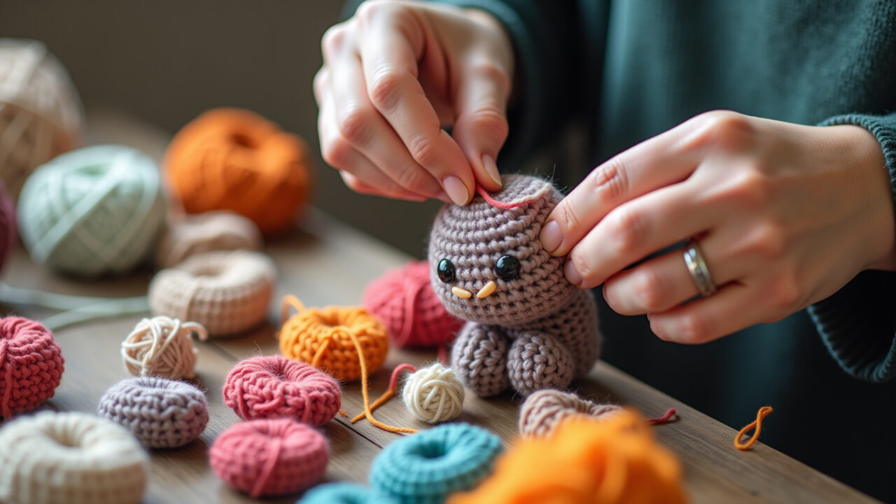 Hands carefully hiding yarn strands inside amigurumi stitches, tapestry technique, sharp focus, Escondendo fios em amigurumi com fio conduzido.