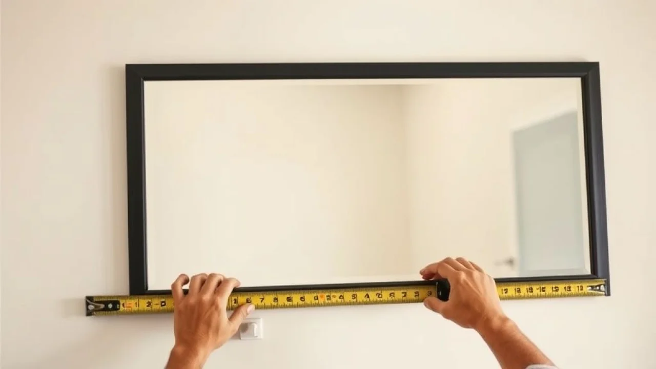 Hands carefully installing a large mirror on a dining room wall, using a level and measuring tape, Instalação de espelho na parede da sala de jantar: passo a passo.