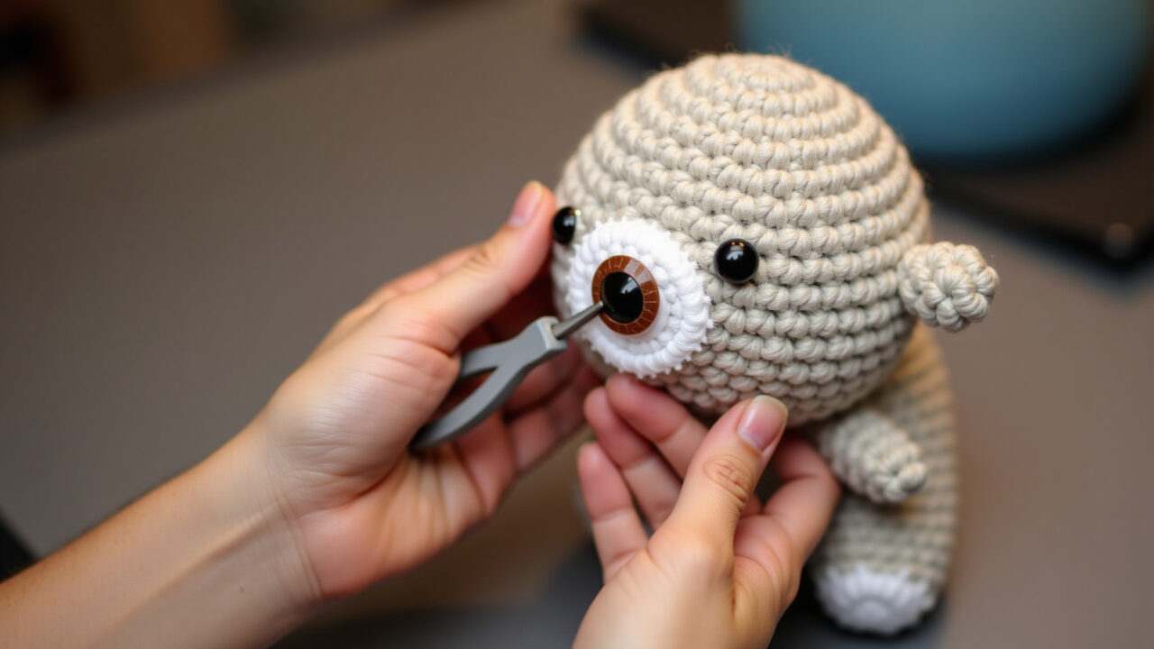 Hands carefully removing safety eye from amigurumi, pliers, crochet hook, soft lighting, 8K, sharp Removendo olhos de trava de amigurumi.