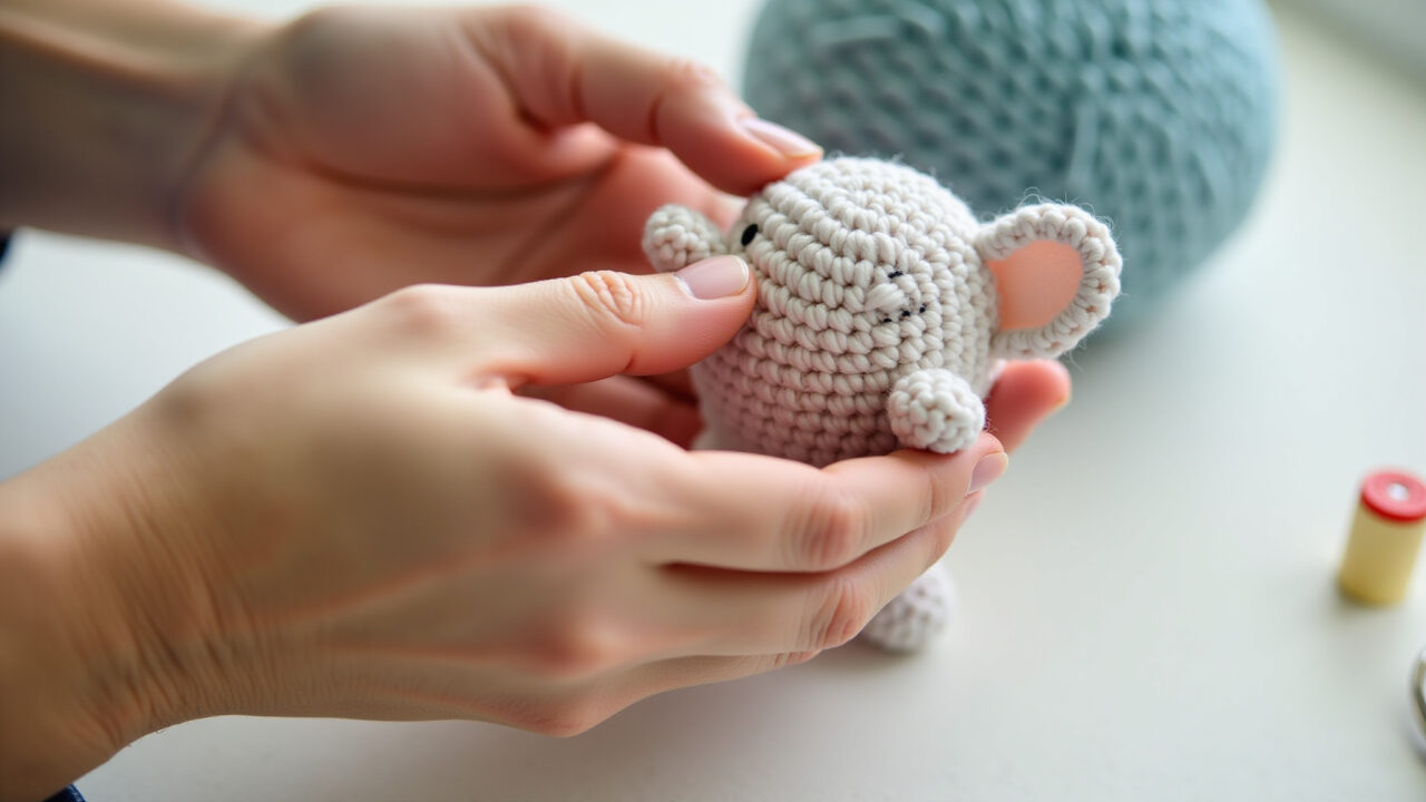 Enchimento uniforme de um mini amigurumi com fibra siliconada.