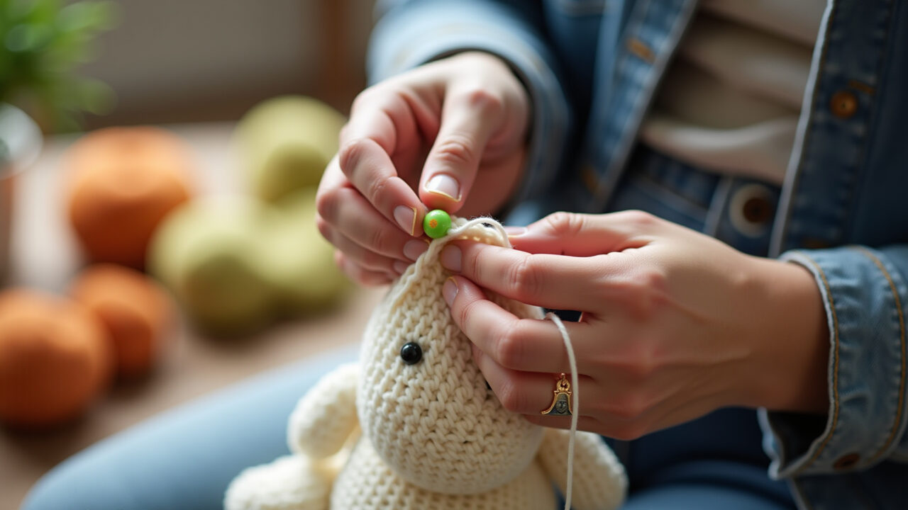 Hands counting stitches on amigurumi, stitch marker, yarn, bright light, professional photography, Contando pontos em um amigurumi.
