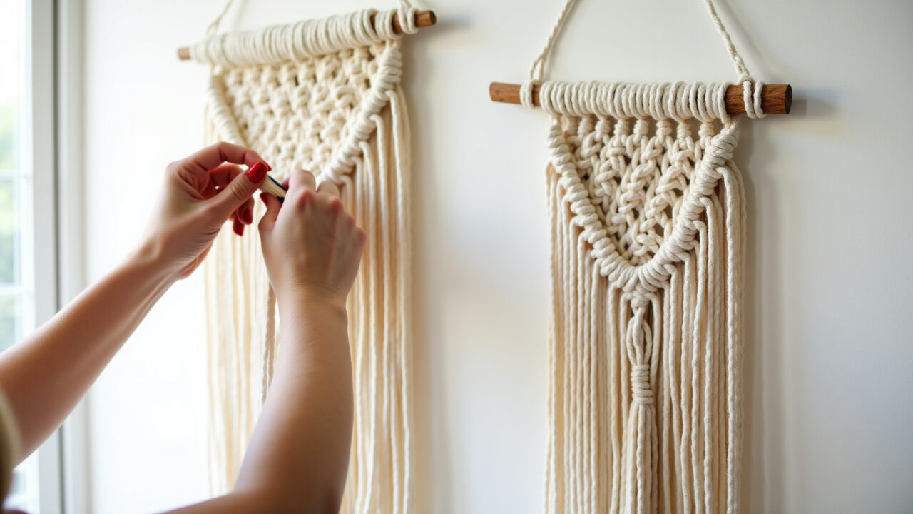 Mãos criando arte em macramê em estúdio iluminado.