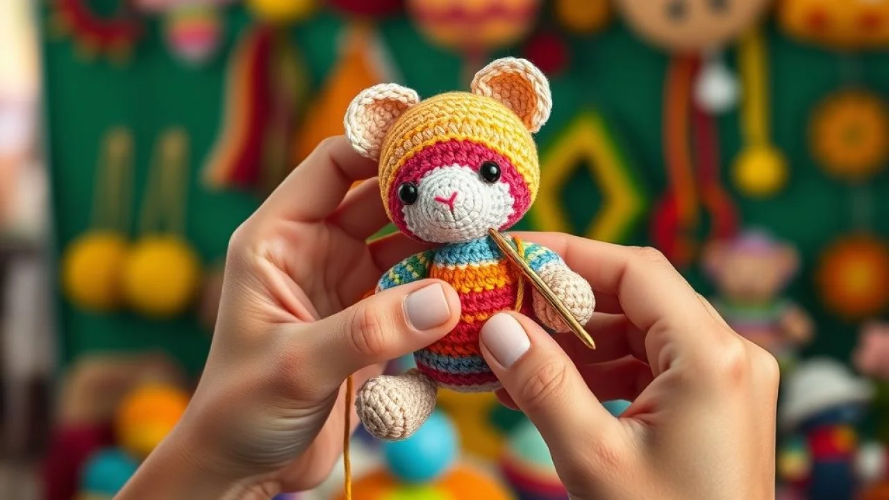 Mãos crocheteando um amigurumi colorido. Artesanato brasileiro.