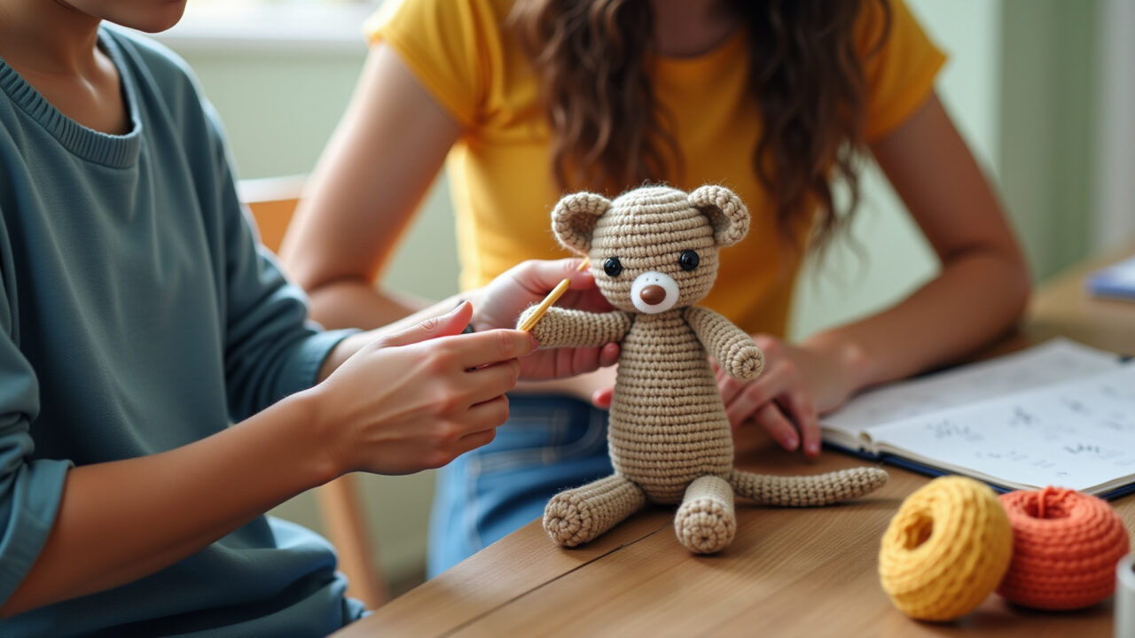 Hands crocheting amigurumi with recycled yarn, sustainable craft, natural light, professional Mãos crocheteando amigurumi com fio reciclado.