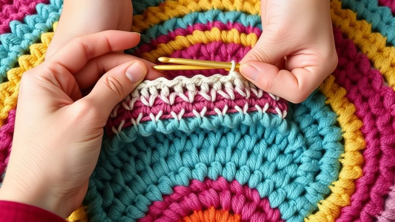 Hands demonstrating basic crochet stitches (chain, single crochet, double crochet) on colorful Demonstração dos pontos básicos de crochê: correntinha, ponto baixo, ponto alto.