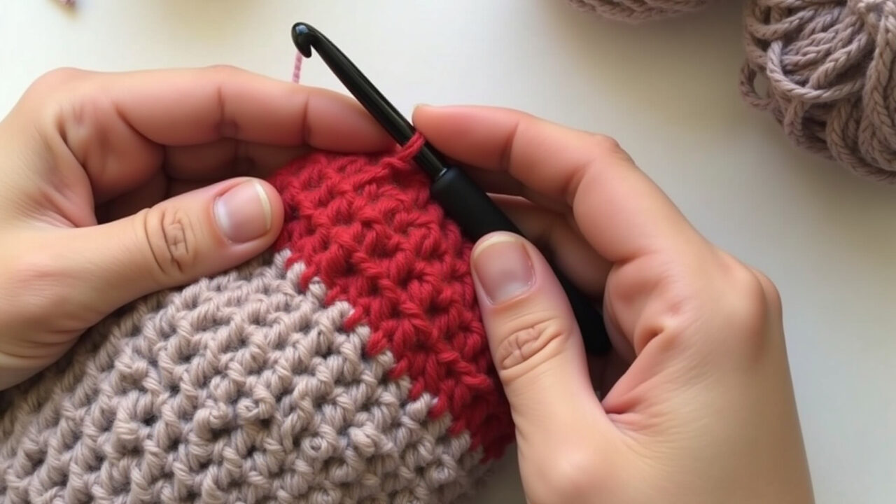 Hands demonstrating invisible color change technique in amigurumi, close-up, yarn, crochet hook, Troca de cores invisível em amigurumi.