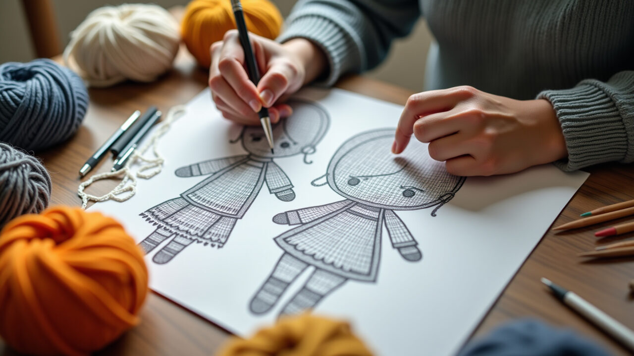 Mãos desenhando um molde de boneca de crochê em papel milimetrado.