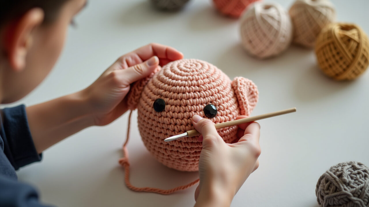 Hands following amigurumi pattern, crochet hook, yarn, tutorial, natural light, professional Mãos seguindo passo a passo de amigurumi.