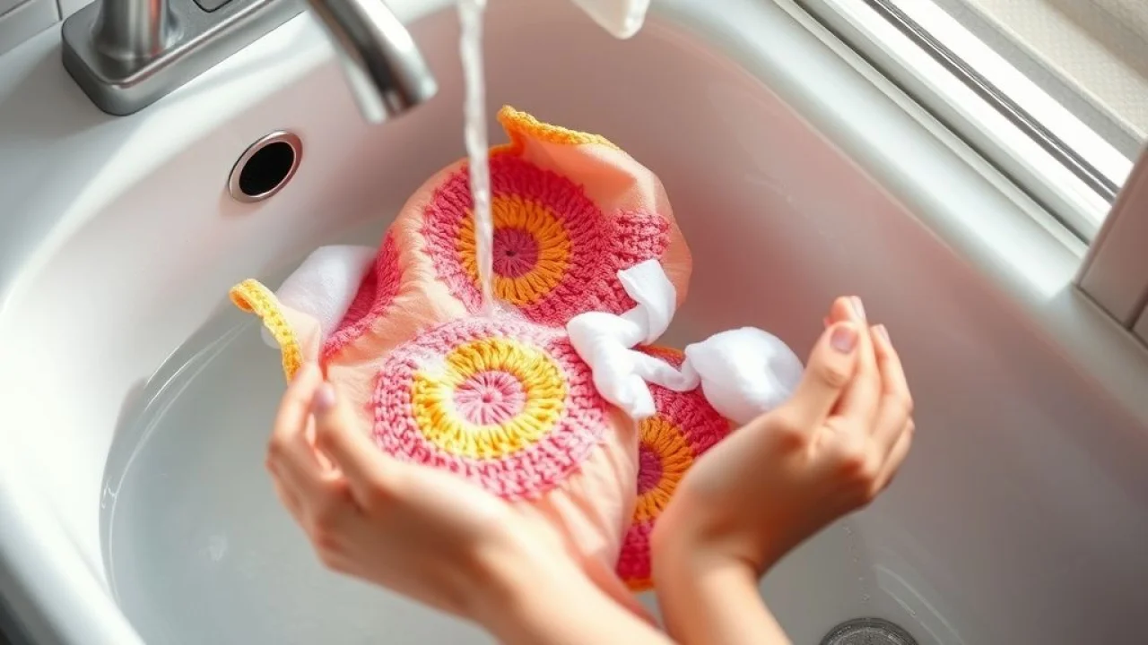 Hands gently hand-washing a colorful crochet bikini in a basin with mild soap, natural light Lavando à mão biquíni de crochê infantil com sabão neutro.