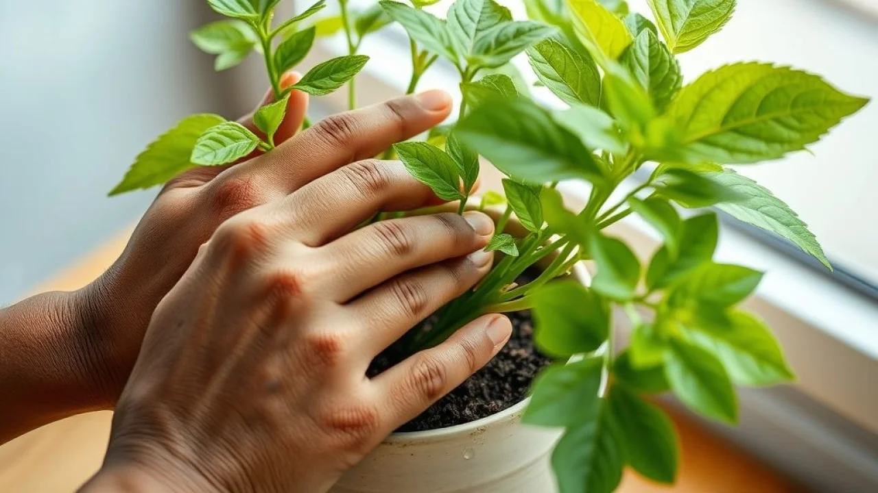Hands gently touching the soil of a potted plant, checking for moisture levels, soft natural Mãos verificando a umidade do solo de uma planta em vaso.