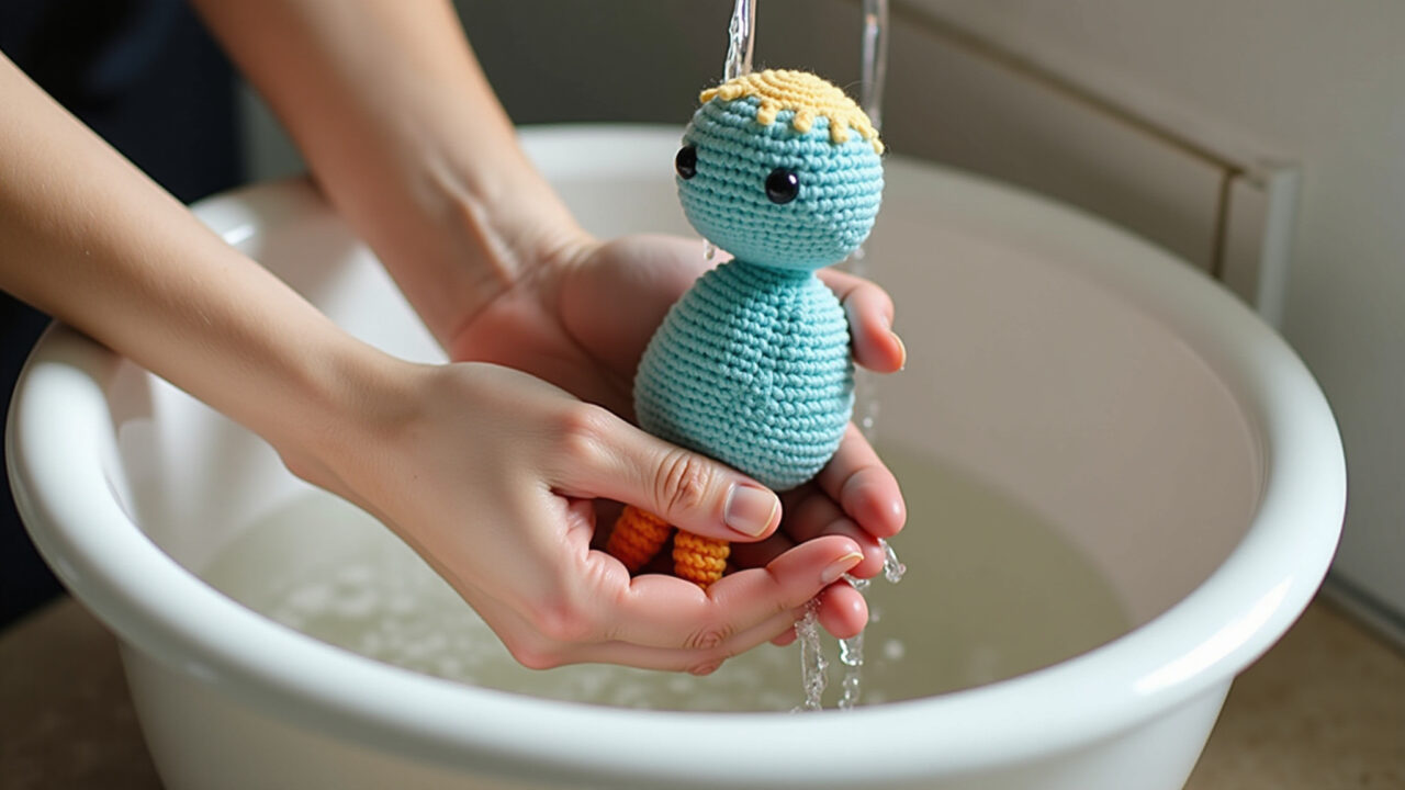 Hands gently washing a colorful amigurumi toy in a basin of cool water. Natural lighting, 8K Lavando amigurumi com enchimento à mão, com cuidado.