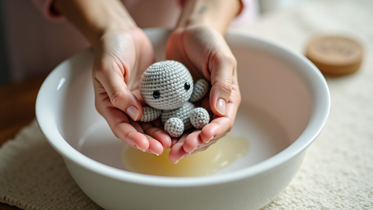 Lavagem delicada à mão de um mini amigurumi com sabão neutro.