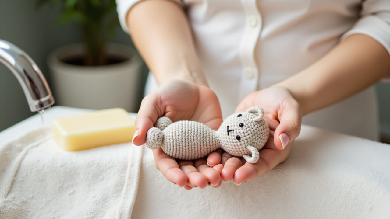Hands gently washing amigurumi cotton toy, neutral soap, soft towel, natural light, delicate cycle, Lavando amigurumi de algodão à mão com cuidado.