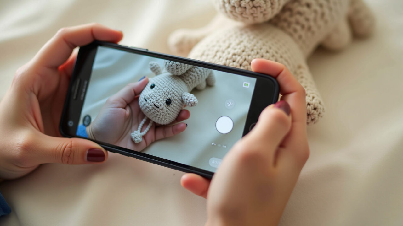 Hands holding a smartphone taking a picture of an amigurumi, various angles, natural light, 8K Mãos fotografando amigurumi com celular, diferentes ângulos.