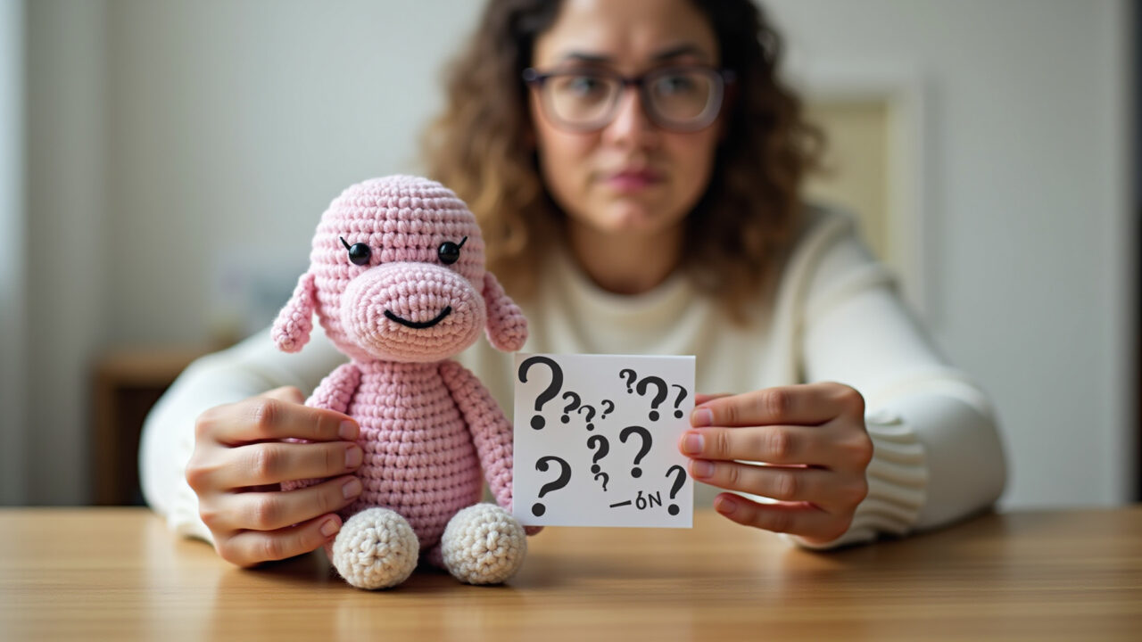 Hands holding amigurumi pattern with confusing abbreviations, frustrated expression, natural light, Dificuldade em entender gráficos e abreviações de amigurumi.