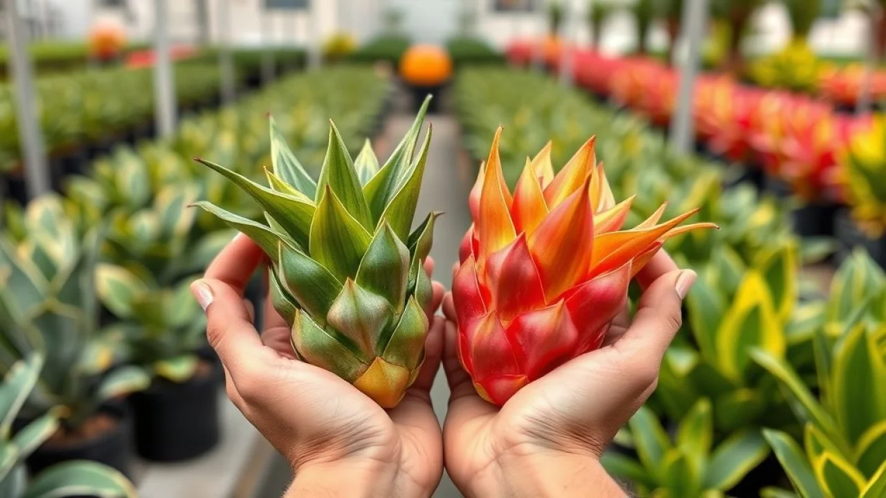 Hands holding two pitaya seedlings of different varieties, contrasting colors, professional Mãos segurando mudas de pitaya de diferentes tipos, viveiro de plantas.