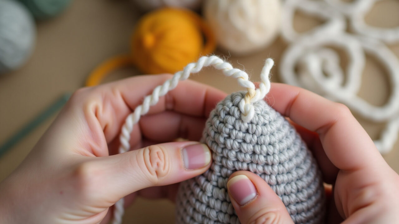 Hands making 'corr' chain stitch, starting amigurumi project, soft yarn, natural light, Correntinha: o início de tudo no amigurumi.