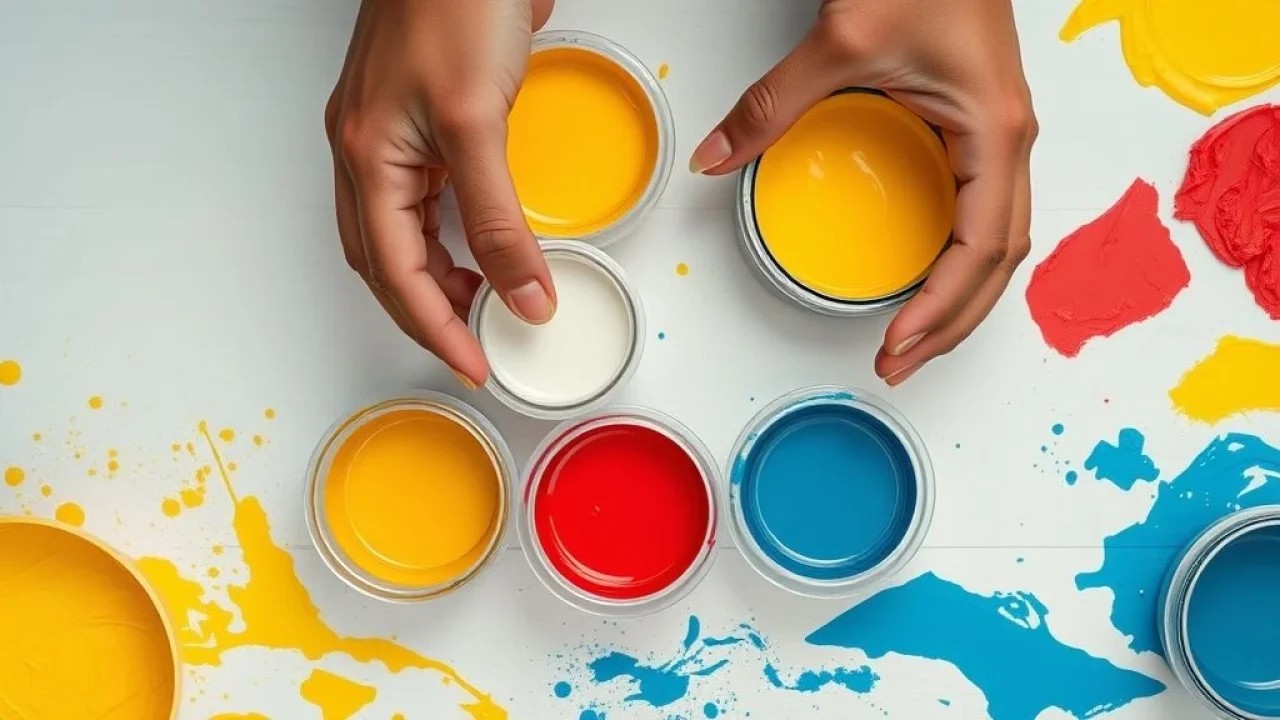 Mãos misturando tintas amarela, branca, vermelha e azul em potes.