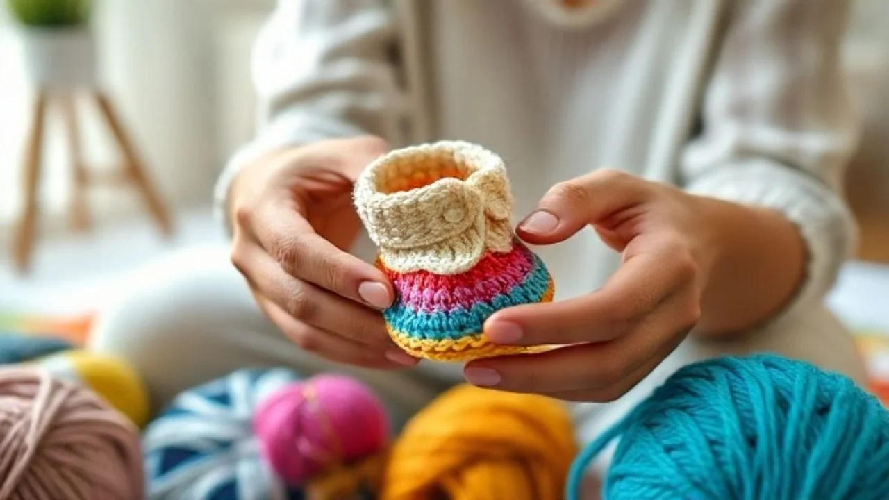 Artesã brasileira crocheta sapatinho de bebê com fios coloridos