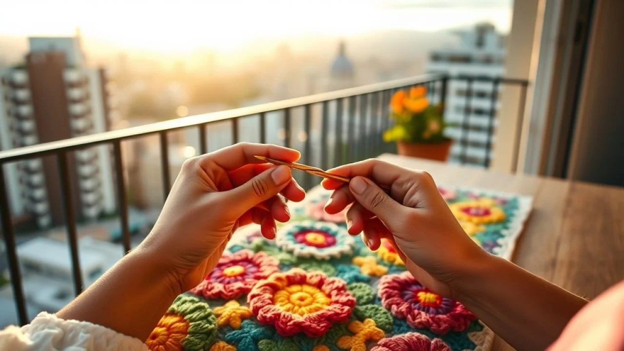 Hands of a Brazilian woman crocheting a colorful floral table runner on a sunny balcony overlooking Mãos crocheteando caminho de mesa floral com vista para cidade brasileira.