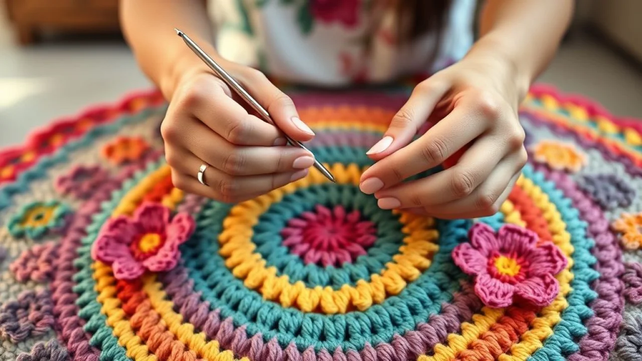 Hands of a Brazilian woman crocheting a colorful round rug with floral details. Close-up shot, Mãos de artesã brasileira crocheted tapete redondo colorido