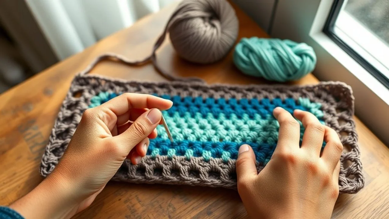 Hands of a Brazilian woman crocheting a rectangular placemat with colorful cotton yarn, close-up Mãos crocheteando sousplat retangular com fio de algodão colorido.