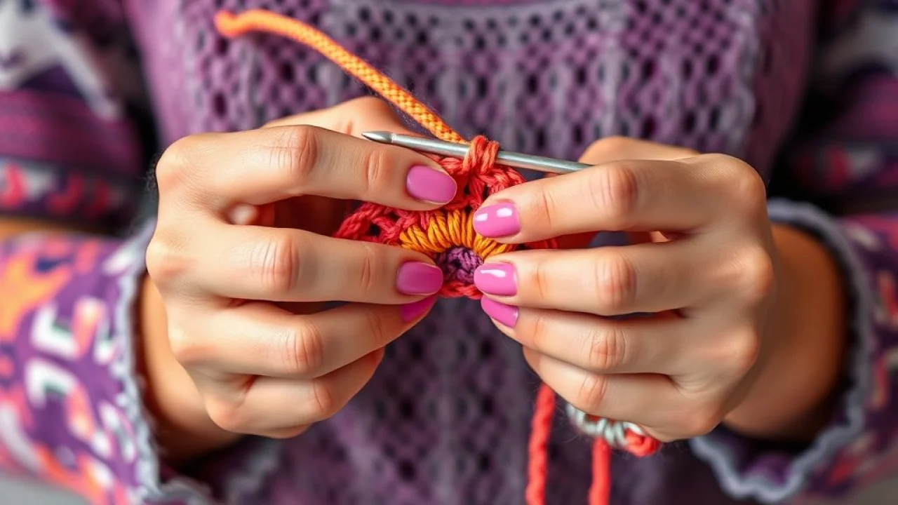 Mãos ensinando ponto de crochê básico. Tutorial de crochê.