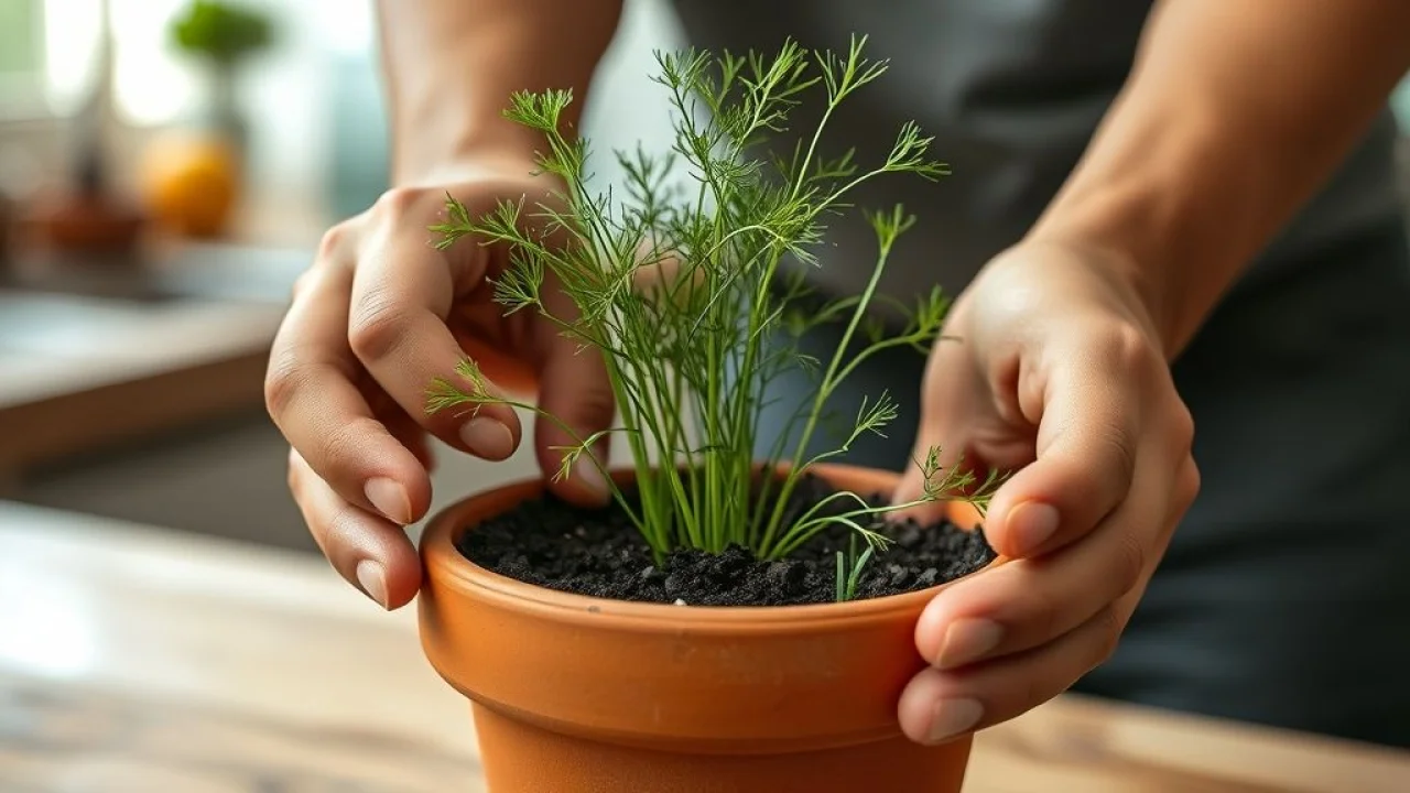 Mãos plantando sementes de endro em vaso de barro no Brasil.