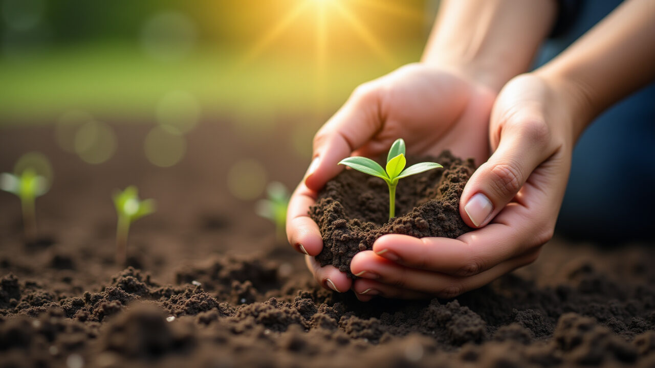 Hands planting seeds in fertile soil, representing the principle of cause and effect, sunlight, Mãos plantando sementes em solo fértil, simbolizando causa e efeito.