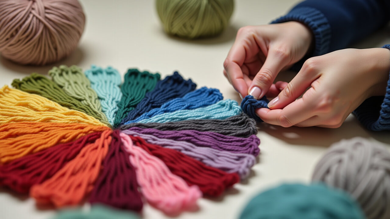 Hands selecting contrasting yarn colors for tapestry amigurumi, color wheel in background, natural Escolhendo cores para amigurumi com fio conduzido.