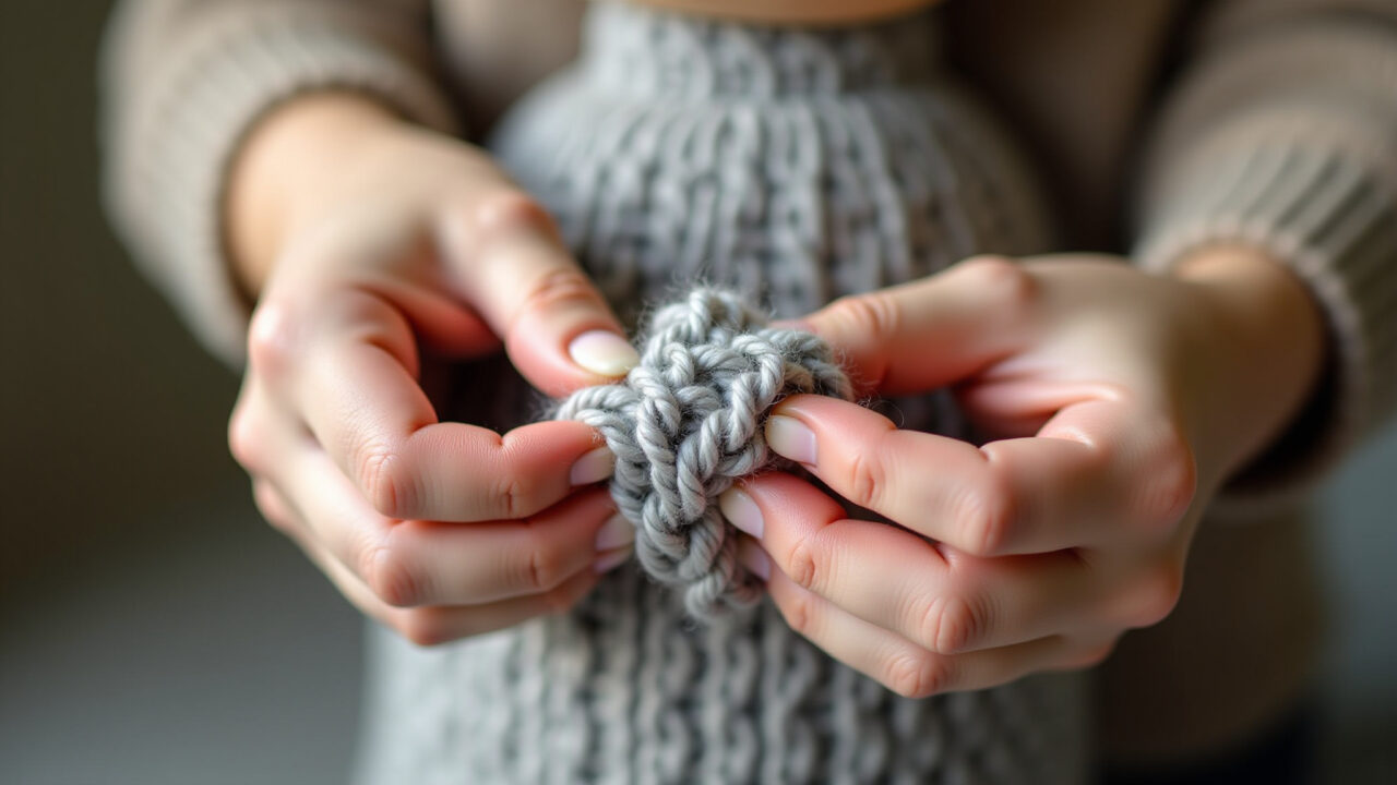 Hands using 'dim' decrease stitch on amigurumi arm, yarn texture, soft focus, natural light, Diminuição modelando braço de amigurumi.