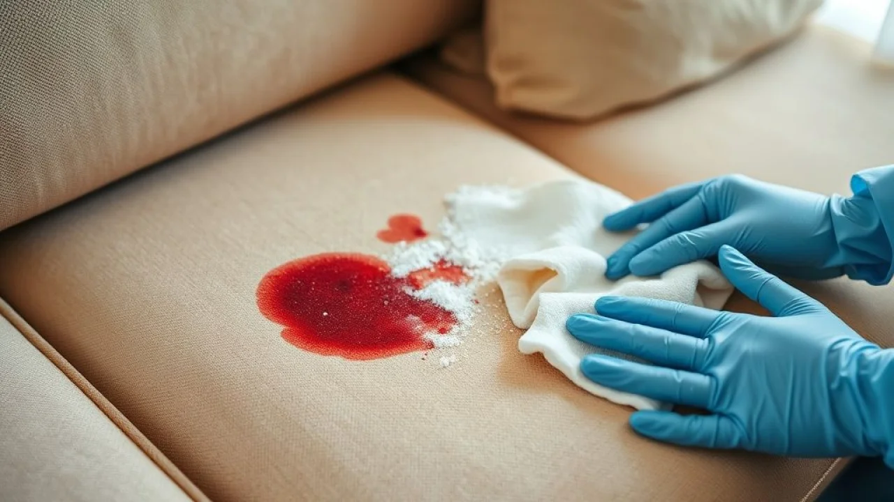 Hands wearing gloves gently blotting a red wine stain on a beige sofa with a clean cloth. Baking Removendo mancha de vinho do sofá com bicarbonato e pano.
