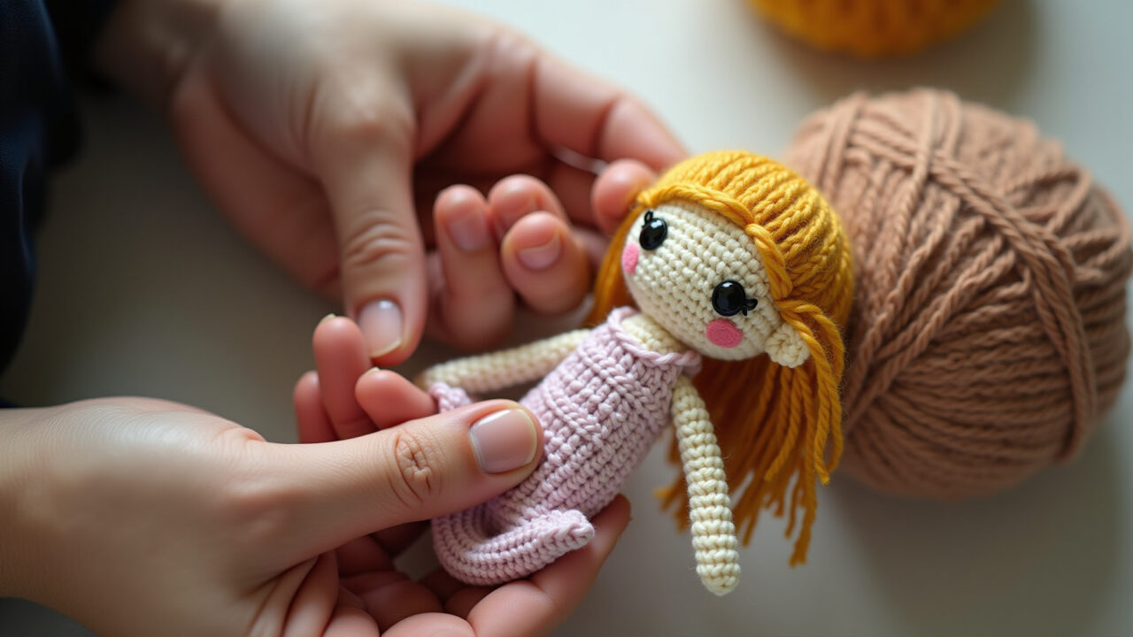 Mãos escondendo as pontas dos fios em uma boneca de crochê finalizada.
