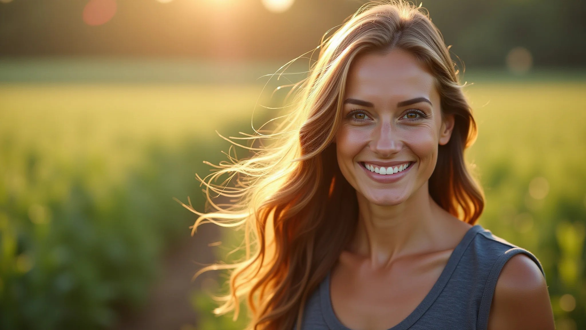 Mulher feliz com cabelo saudável e brilhante sorrindo.