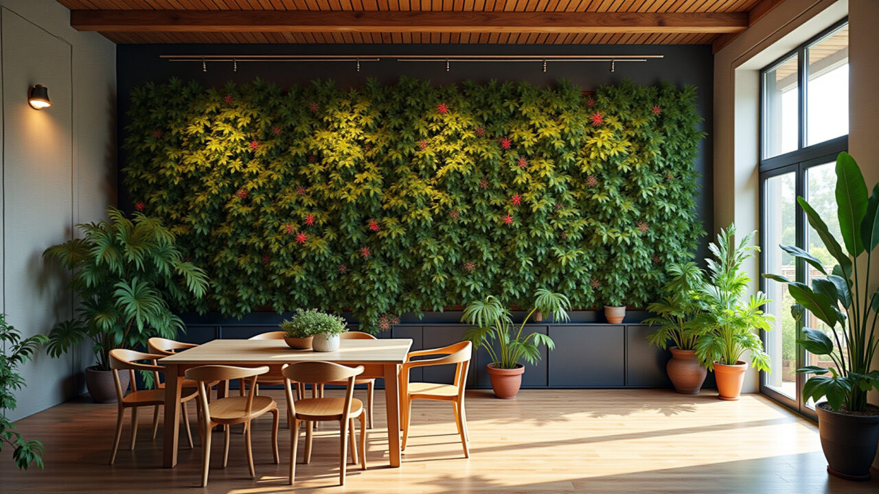 Harmonious integration of a double-height vertical garden with Brazilian decor, professional Integração harmoniosa de jardim vertical com decoração brasileira em pé direito duplo.