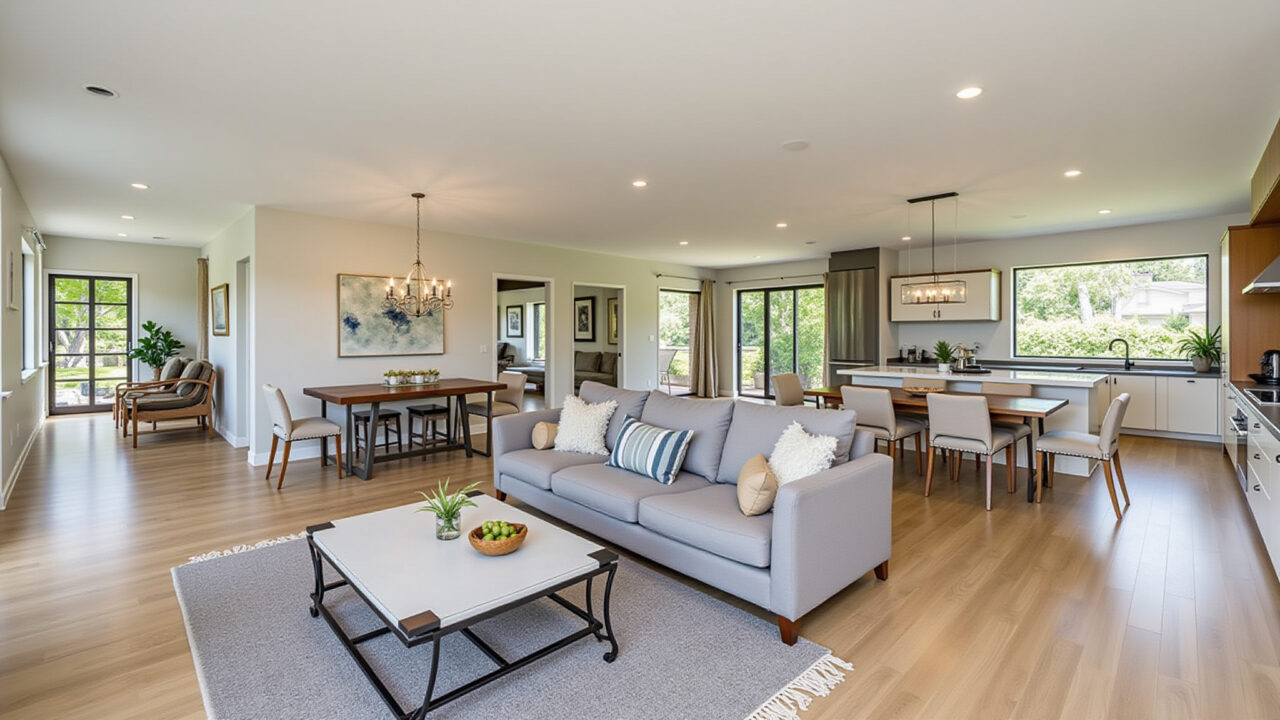 Harmonious open-concept living room and kitchen with coordinated coverings, neutral colors, and Revestimentos coordenados em sala com cozinha integrada.