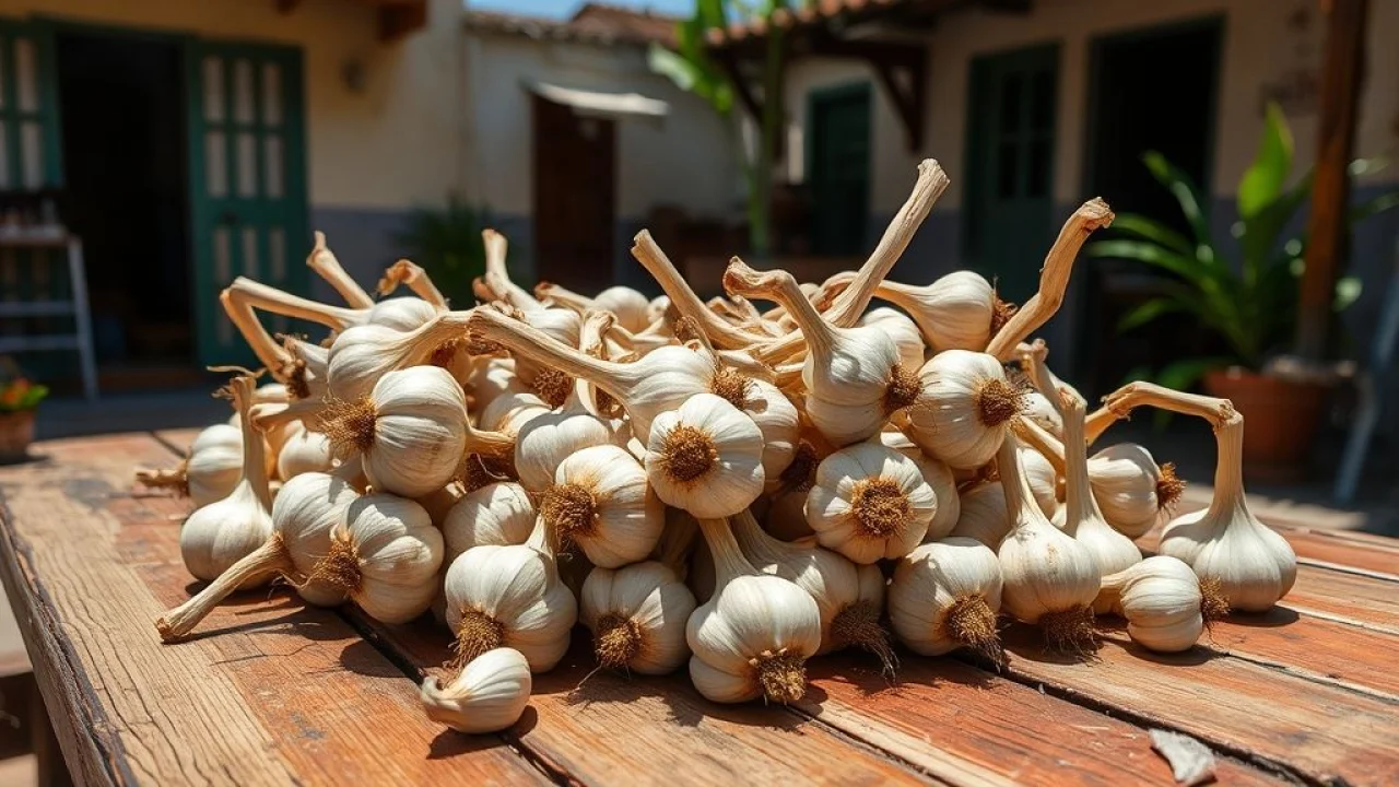 Harvested garlic bulbs drying in the sun on a rustic wooden table in a Brazilian backyard. Bulbos de alho secando ao sol após a colheita.